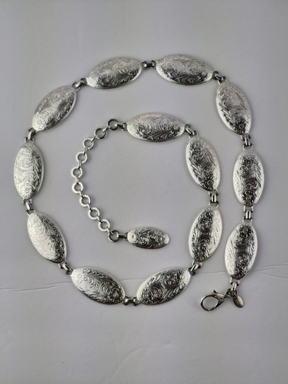 Etched Floral Oval Silver Tone Concho Chain Belt Hip Belt Western Cowgirl Boho